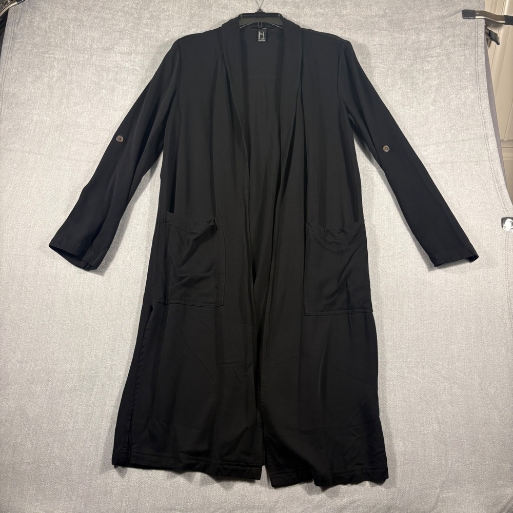 Forever 21 Womens Black Longline Roll Tab Sleeve Open Front Duster Cardigan L